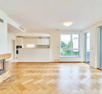 Living room with wood-patterned flooring, fireplace, kitchen, and large windows in a 3-room apartment.