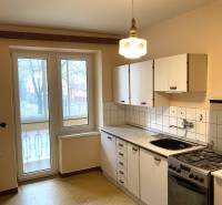 Kitchen in a 2-room apartment with a balcony, light, and a wooden decor floor.