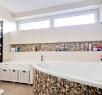 Bathroom with a bathtub and mosaic tiles in a family house.