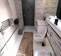Bathroom with a sink, bidet, and shower in a family house. Walls with mosaic.