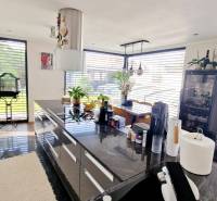 A kitchen in a family house with an island, plants, and a birdcage.