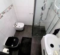A bathroom in a family house with colorful tiles, a shower corner, and a sink.