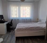 A bedroom in a 3-room apartment with a computer and a bed, wooden decor flooring.