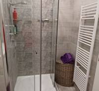 A bathroom in a 3-room apartment with a modern shower and a purple mat.