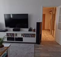 Living room with a coffee table, television, and bookshelf in a 3-room apartment with a wood-patterned floor.