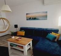 Living room with a blue sofa, swing, bookshelf, and floor with a wood decor.