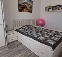 Bedroom in a 3-room apartment with a wardrobe, bed, books, and a floor with wood decor.