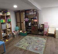 Children's room in a family house with toys, shelves, and a carpet on a wooden-decor floor.