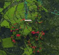 Aerial view of agricultural and forest lands around Lechnice, marked with colored lines.