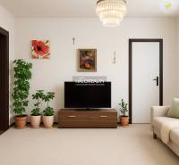 Living room in a family house with a television, houseplants, and decorations.