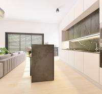 Living room in a family house with a kitchenette and a floor with a wooden decor.