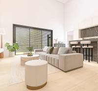 Living room in a family house with a sofa, television, bar counter, and wooden decor flooring.