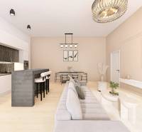 Living room with a kitchenette, wooden decor flooring, and light furniture in a family house.
