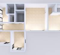 Floor plan of a family house with a wooden decor floor and multiple rooms.