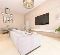 Living room in a family house with a sofa, dining table, and wooden decor flooring.