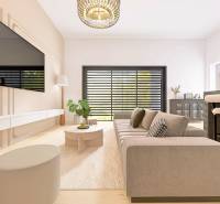 Living room in a family house with comfortable seating, a television, and a floor with a wooden decor.