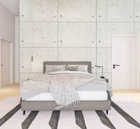 Bedroom in a family house with a bed, cabinet, and large window, floor with wooden decor.