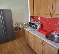 A kitchen in a studio apartment with wooden cabinets, red tiles, and a large refrigerator.