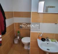 Bathroom with toilet and sink in a studio apartment with tiles in warm tones.