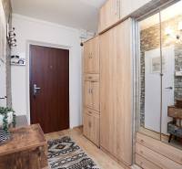 The hallway of a 2-room apartment with a wooden decor floor, stone cladding, and a wardrobe with a mirror.