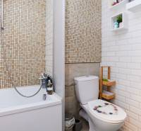 Bathroom with a bathtub, toilet, mosaic on the wall, and shelves for accessories.