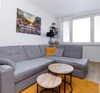 Living room of a two-room apartment with a corner sofa, wooden decor flooring, and a window.
