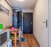 A narrow space with a kitchen table and a shower corner. Floor with wood decor.