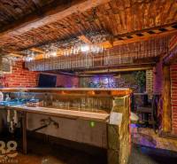 Stone bar with brick walls and a wood-patterned floor in a building.