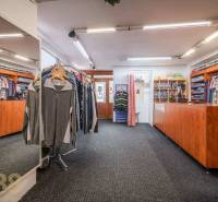 A clothing store with a carpet, a wooden counter, and a large mirror.