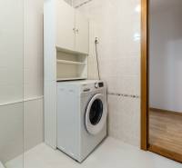 Bathroom in a 3-room apartment, washing machine, built-in storage, ceramic tiles.
