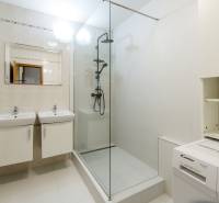 A bathroom in a 3-room apartment with two sinks, a shower, and a washing machine.