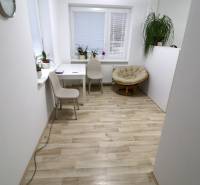 A room in a family house with a wooden decor floor, light furniture, and plants.
