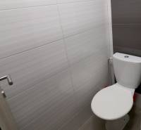 Bathroom in a family house with modern tiles and simple toilet design.