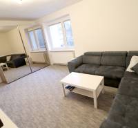 Living room in a family house with a corner sofa, mirrored wardrobe, windows, carpet.
