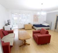 Living room in a family house with a sofa, table, and bed. Floor with wood decor.