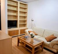 Living room in a two-room apartment with a leather sofa and a built-in shelf.