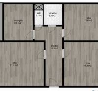The floor plan shows the layout of a 3-room apartment with a loggia and flooring with a wooden decor.