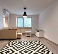 Living room in a 3-room apartment with a sofa, table, wood-patterned floor, and carpet.