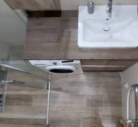 Bathroom in a 3-room apartment with a washing machine and a wooden decor floor.