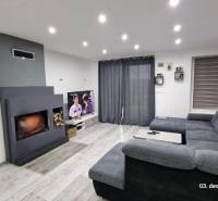 Living room in a family house with a fireplace, gray sofa, and television, wooden decor flooring.