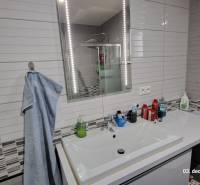 Bathroom in a family house with a sink, mirror with lighting, and a shower enclosure.