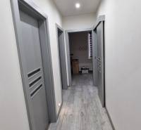A hallway in a family house with a wooden decor floor and gray doors.