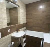 Bathroom in a studio apartment with a bathtub and a washing machine, tiles with a wood decor.