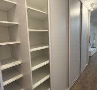 Built-in wardrobe in a studio apartment with sliding doors and a wooden decor floor.