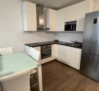 A kitchen unit in a one-room apartment with a wood-patterned floor and a dining table.