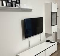 A TV on the wall, a white dresser, paintings, and a wooden decor floor in a studio apartment.