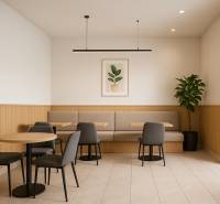 Modern seating with a wooden decor wall and a plant in a two-room apartment.