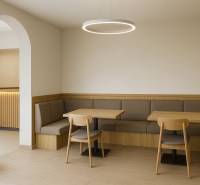 Commercial space with wood-patterned flooring, cozy seating, and a circular light fixture.