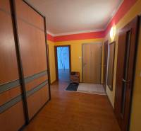 A hallway in a 4-room apartment with a wooden decor floor and built-in wardrobes.
