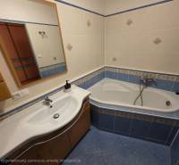A bathroom in a 4-room apartment with a sink, mirror, and bathtub with blue tiles.